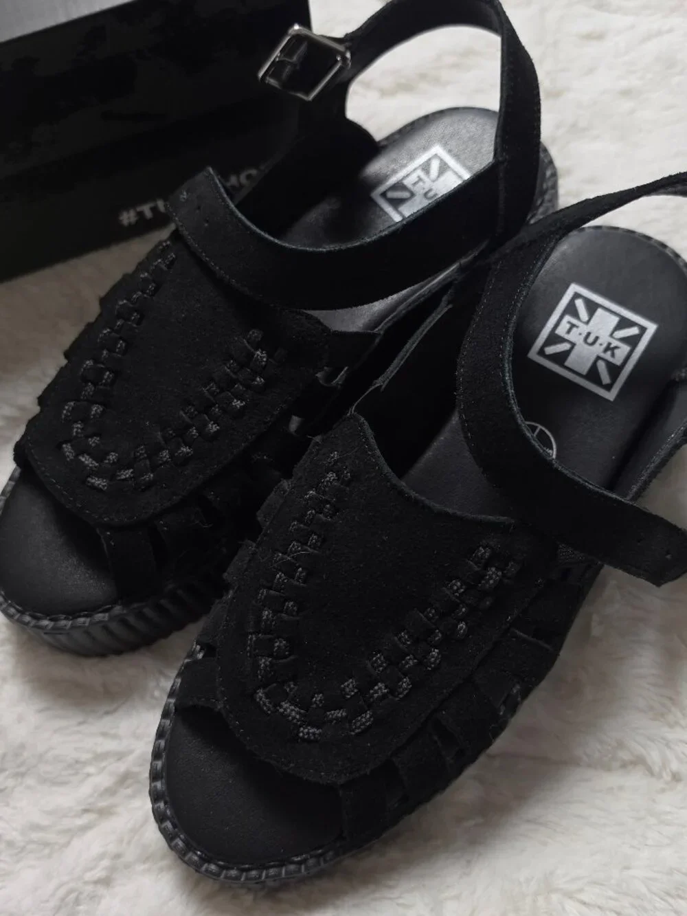 T.U.K. Black Suede Interlace Viva Mondo Creeper Sandals Size 9 EU 40 NWOT Box